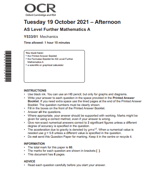 OCR_AS Level Further Mathematics A_Y533/01 Question Paper Oct 2021 | Mechanics preview image
