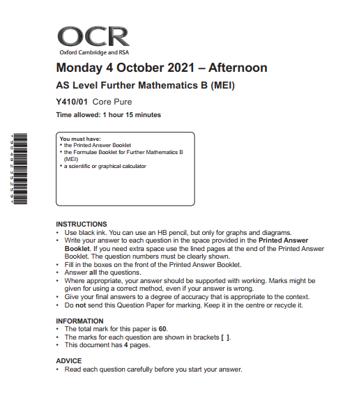 OCR_AS level Further Mathematics B_Y410-01 Question Paper Oct 2021 | Core Pure preview image