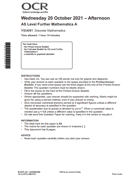 OCR_AS Level Further Mathematics A_Y534/01 Question Paper Oct 2021 | Discrete Mathematics preview image