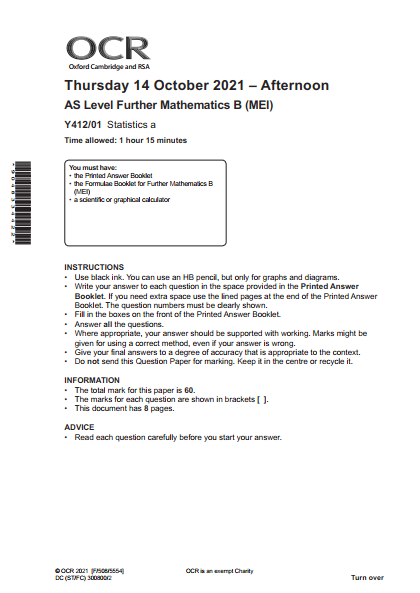 OCR_AS Level Further Mathematics B_Y412/01 Question Paper Oct 2021 | Statistics A preview image