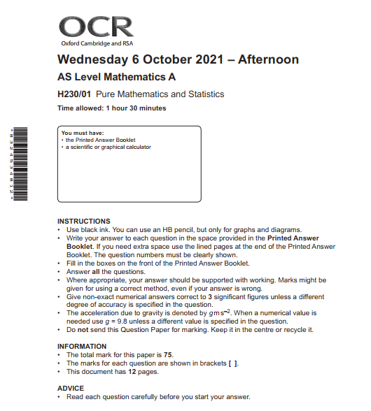 OCR_AS Level Mathematics A_H230/01 Question Paper Oct 2021 | Pure Mathematics and Statistics preview image