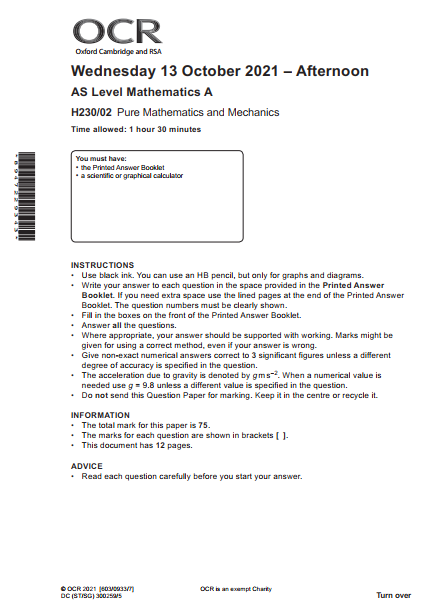 OCR_AS Level Mathematics A_H230/02 Question Paper Oct 2021 | Pure Mathematics and Mechanics preview image