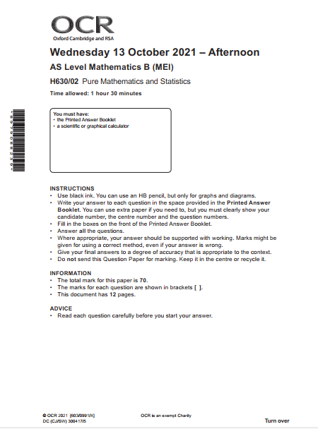 OCR_AS Level Mathematics B_H630/02 Question Paper Oct 2021 | Pure Mathematics and Statistics preview image