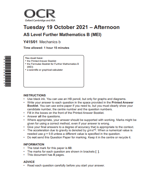 OCR_AS level Further Mathematics B_Y415/01 Question Paper Oct 2021 | Mechanics B preview image