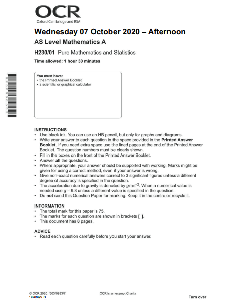 OCR_AS Level Mathematics A_H230/01 Question Paper Nov 2020 | Pure Mathematics and Statistics preview image