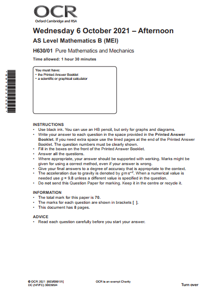 OCR_AS Level Mathematics B_H630/01 Question Paper Oct 2021 | Pure Mathematics and Mechanics preview image