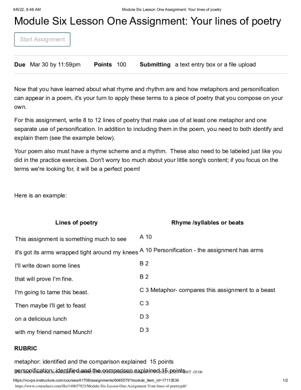 Module Six Lesson One Assignment_ Your lines of poetry Brevard High ENG 100