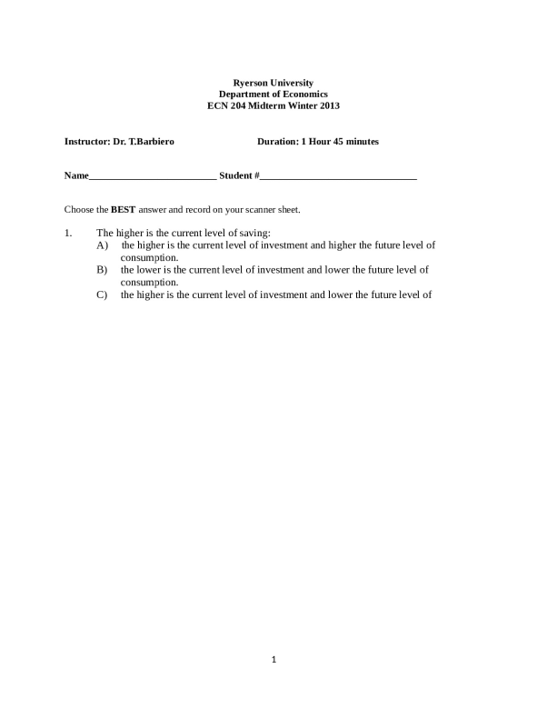 Department of Economics ECN 204 Midterm EXAM QUESTIONS WITH KEY ANSWERS  Winter 2013 preview image