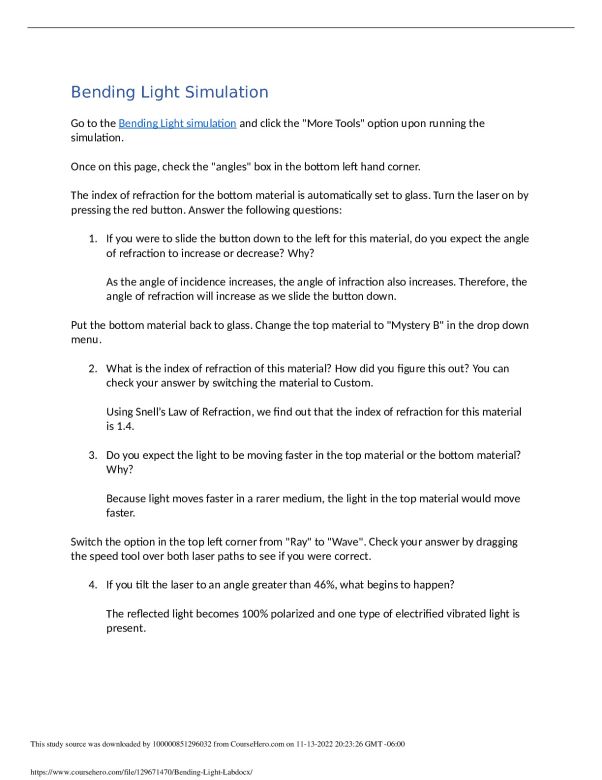 Bending Light Lab University of South Florida PHY 2020