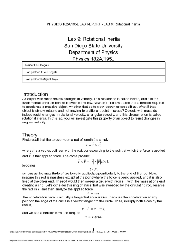 PHYSICS 182A_195L LAB REPORT - LAB 9_ Rotational Inertia.docx (1)  San Diego State University PHYSICS 182 preview image