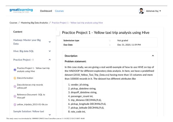 Practice Project 1 - Yellow taxi trip analysis using Hive_ Mastering Big Data Analytics - Great Lear   National Institute of Fashion Technology UAE BF... document preview