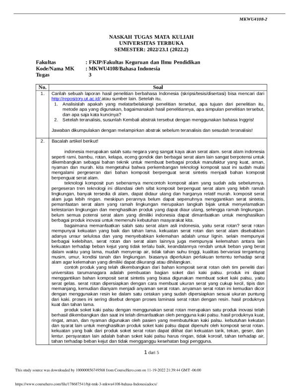 Bjt Tmk 3 Mkwu4108 Bahasa Indonesia Terbuka University MKWU 4108