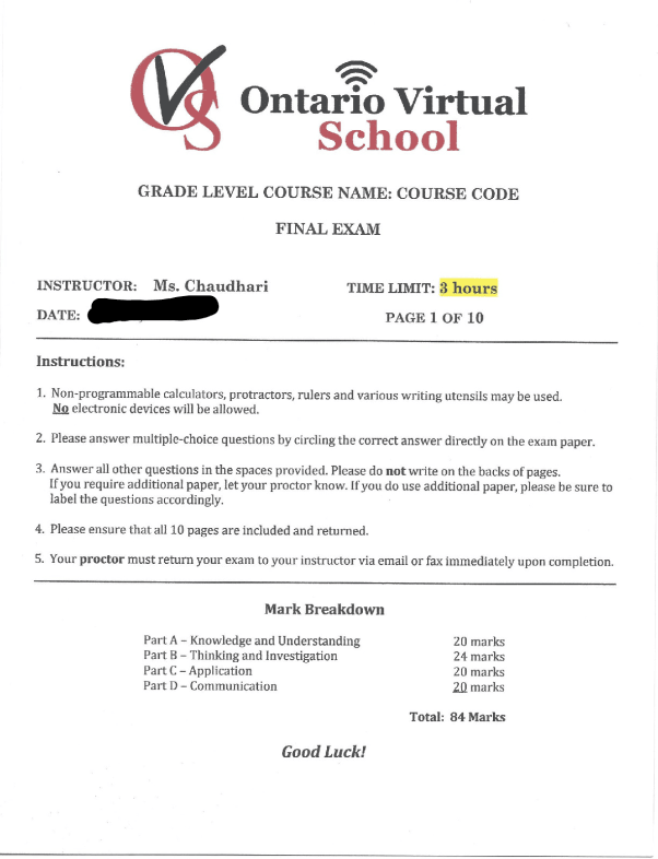 Orchard View School MATH MHF4U MHF4U-EXAM-Complete . Complete Exam