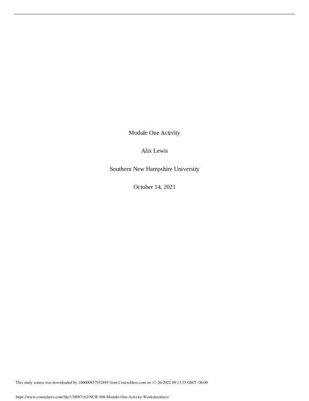 NUR 508 Module One Activity Worksheet Southern New Hampshire University ...