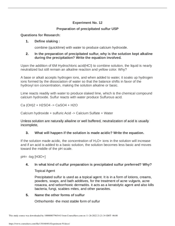 CHEM 450 Experiment No. 12Preparation of precipitated sulfur USP preview image