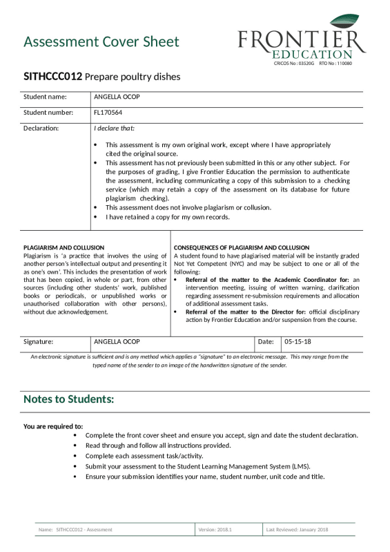 SITHCCC012 - Prepare poultry dishes - Assessment Frontier Education COMMERCIAL COOKERY SIT30816 preview image