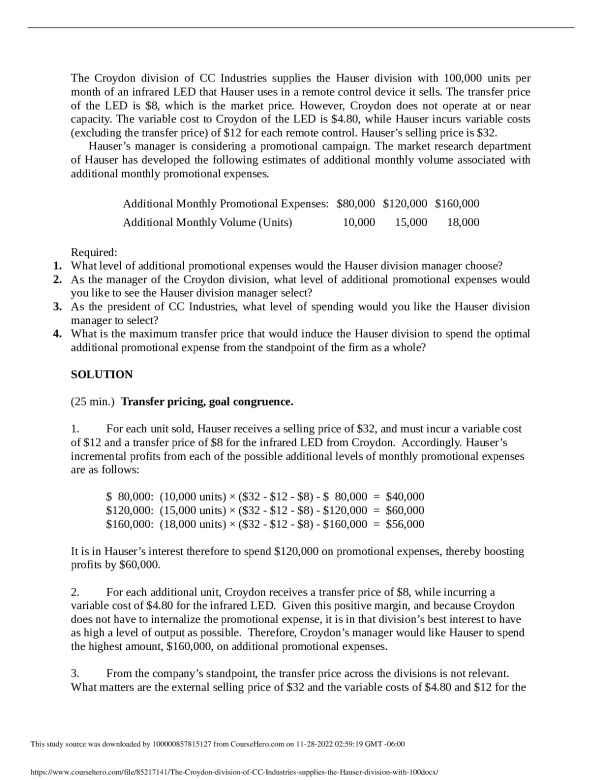 The Croydon division of CC Industries supplies the Hauser division with 100  De La Salle University BSA 101 document preview