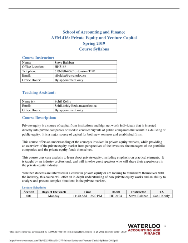 AFM 416: Private Equity and Venture Capital Spring 2019 Course Syllabus preview image