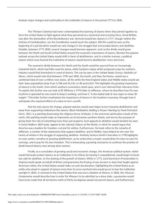 SOCIAL STUDIES 2940  Analyze major changes and continuities in the institution of slavery in the period 1775 to 1830. preview image