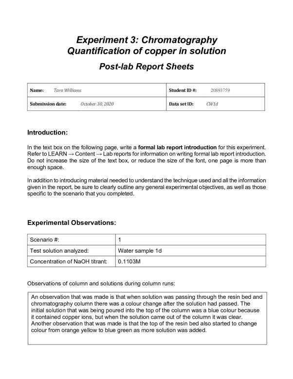 CHEM MISC Experiment 3 Chromatography Quantification of copper in