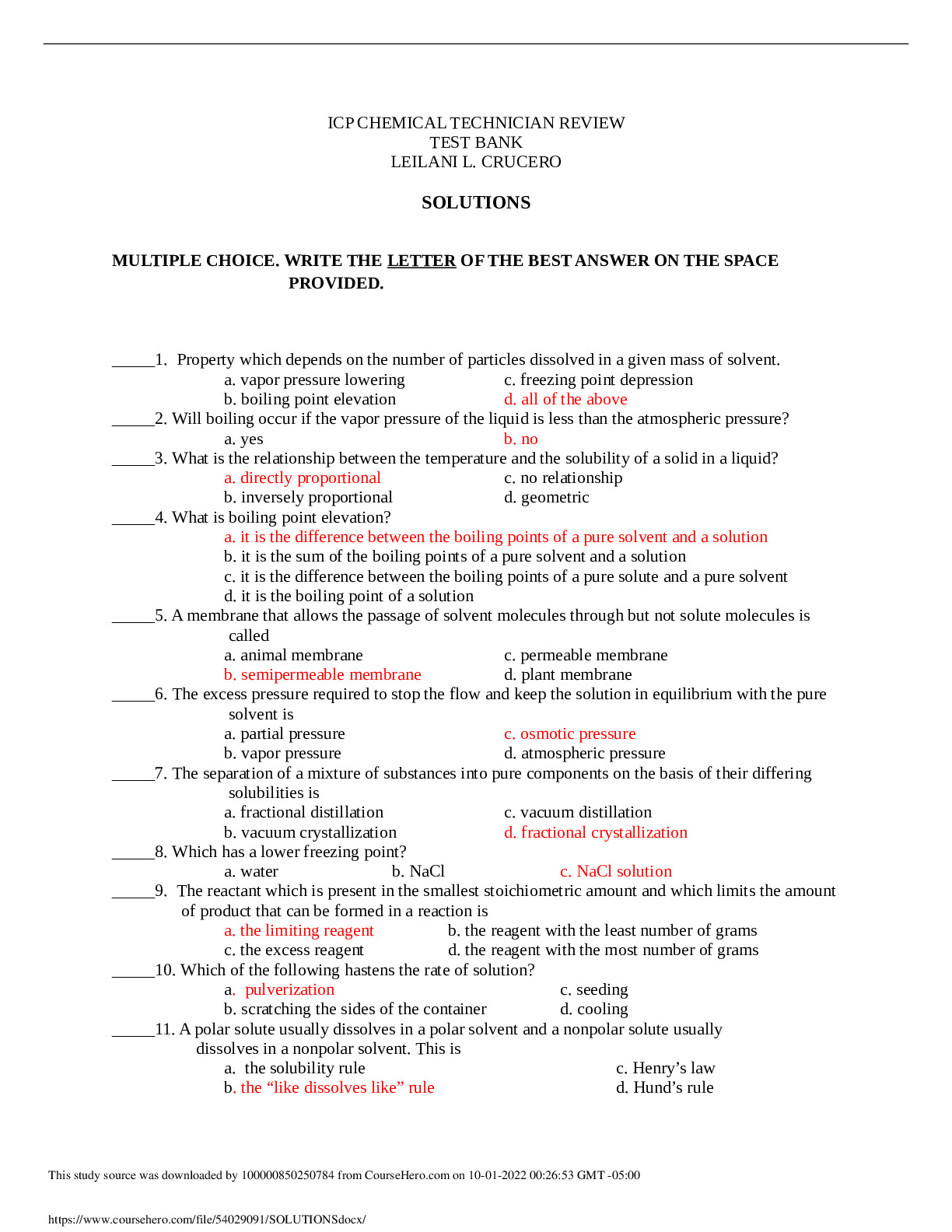 ICP CHEMICAL TECHNICIAN REVIEW TEST BANK LEILANI L. CRUCERO SOLUTIONS