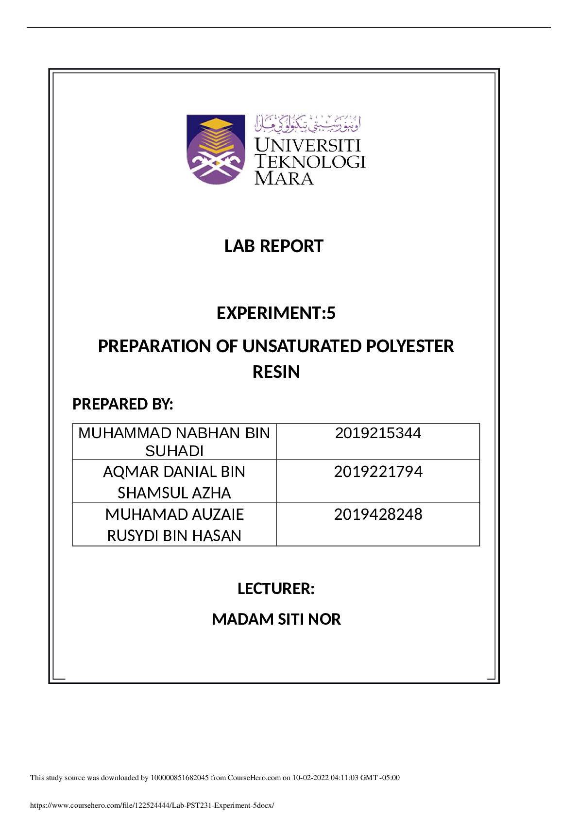 Lab PST231 Experiment 5. Universiti Teknologi Mara PST 2302 preview image
