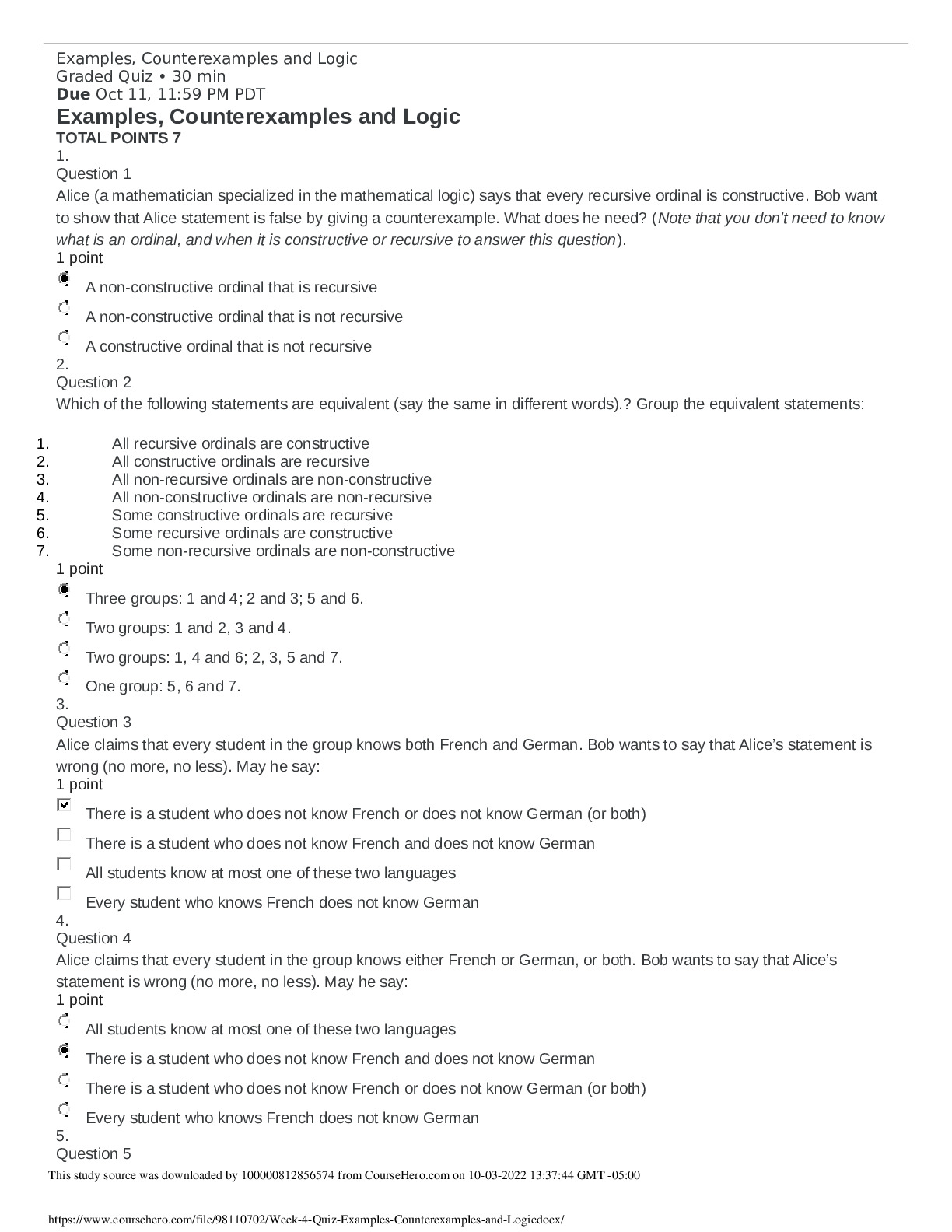 Examples, Counterexamples and Logic Graded Quiz
