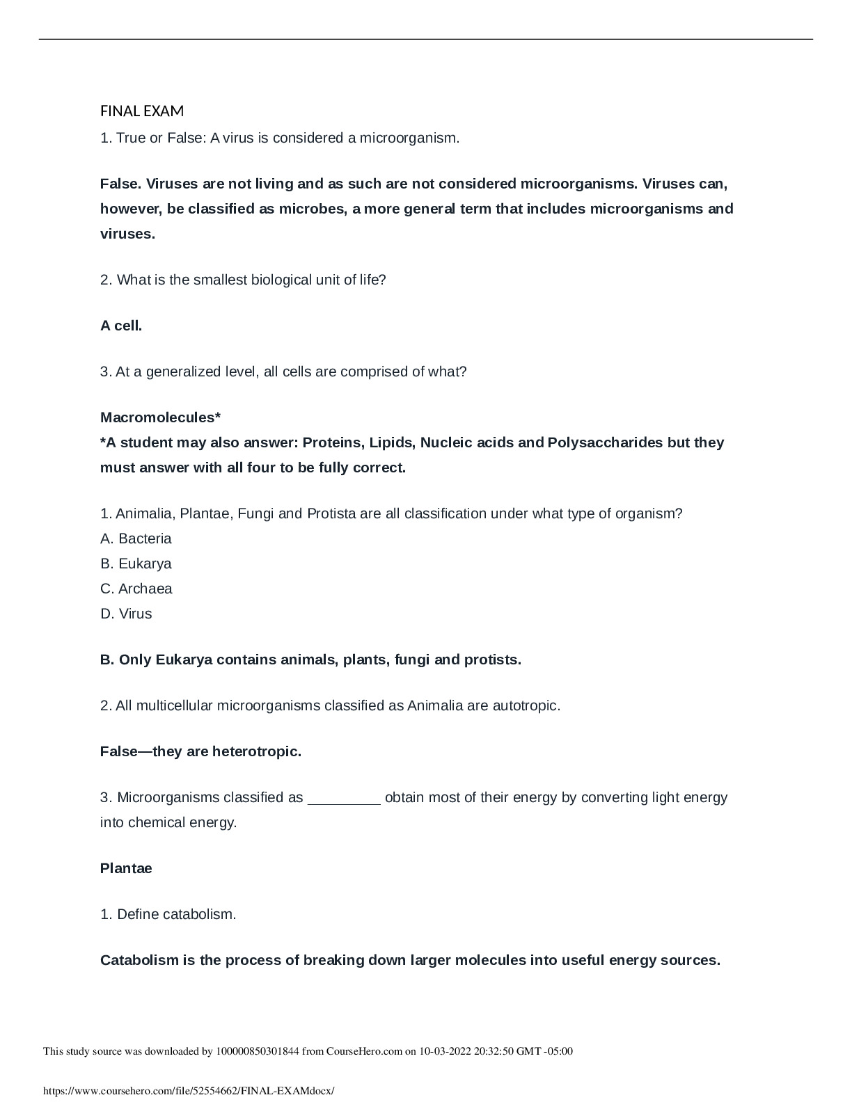 Portage Learning BIOD 171  FINAL EXAM preview image