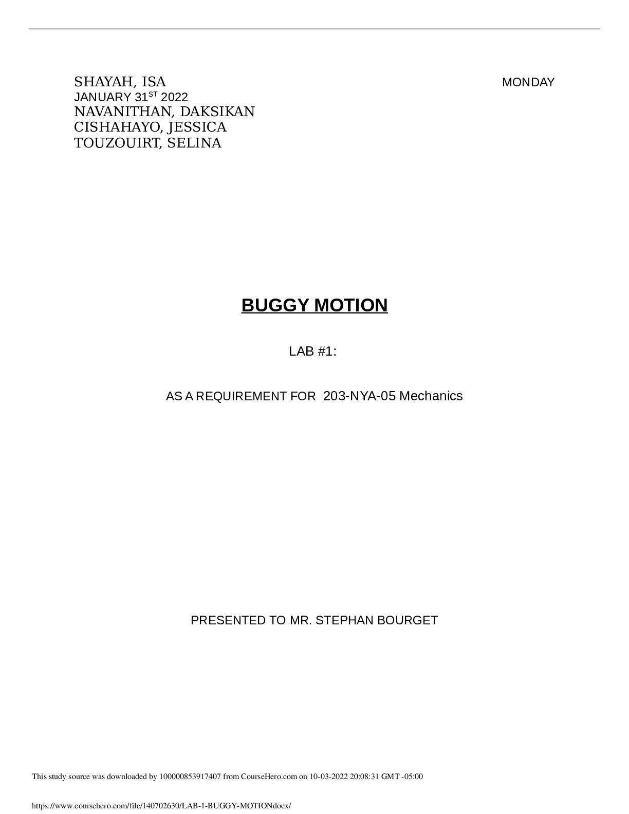PHYSICS 203-NYA-05 LAB #1 BUGGY MOTION