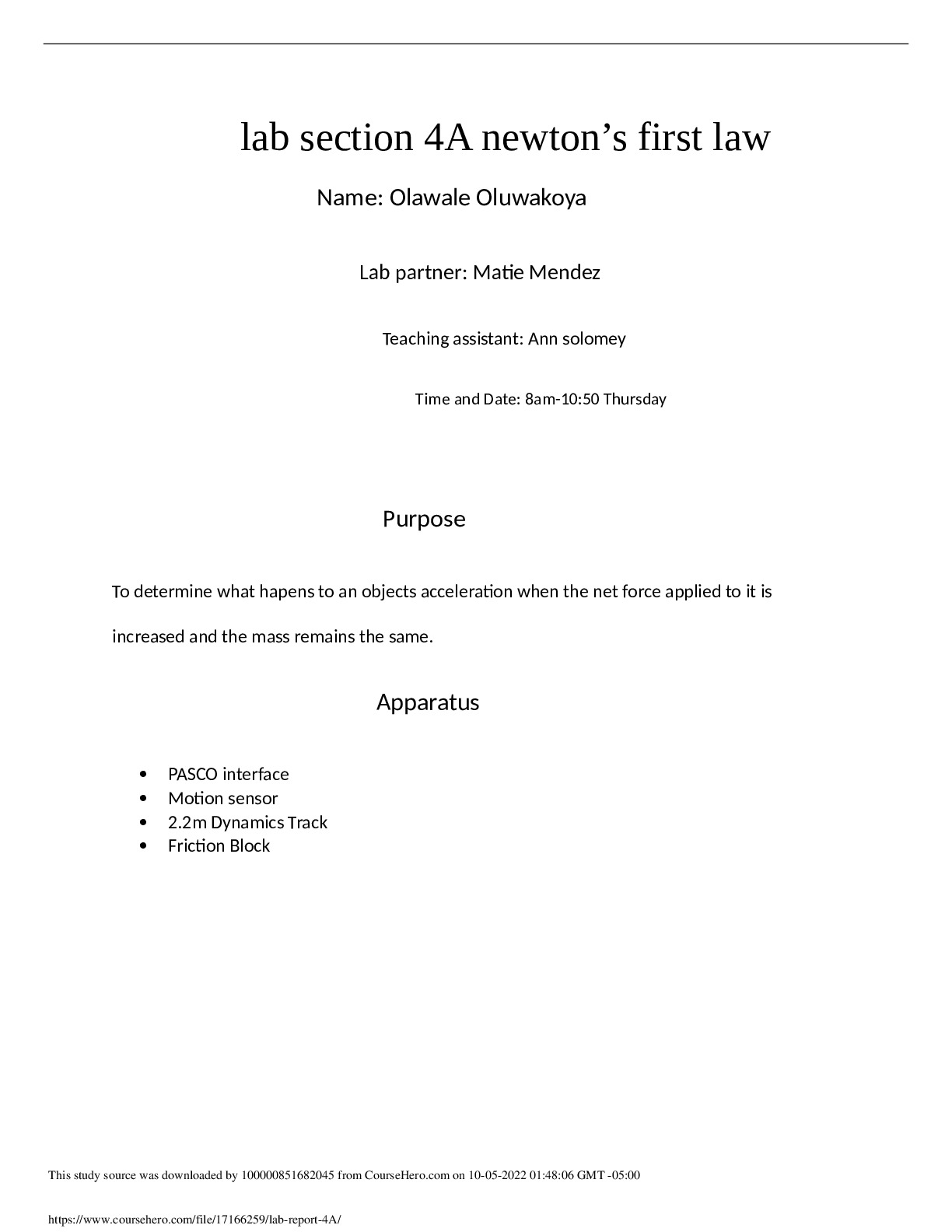 PHYS 315 lab section 4A newton’s first law lab report