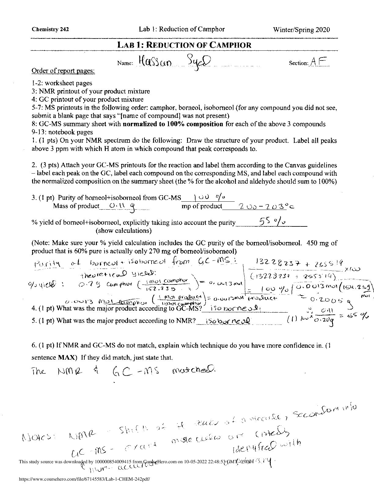 Lab 1 CHEM 242: REDUCTION OF CAMPHOR preview image