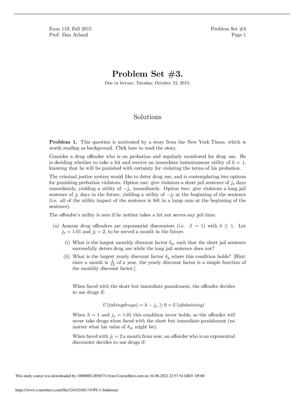 Econ 119, Fall 2015: Problem Set #3. Due in lecture, Tuesday, October 13, 2015. Solutions preview image