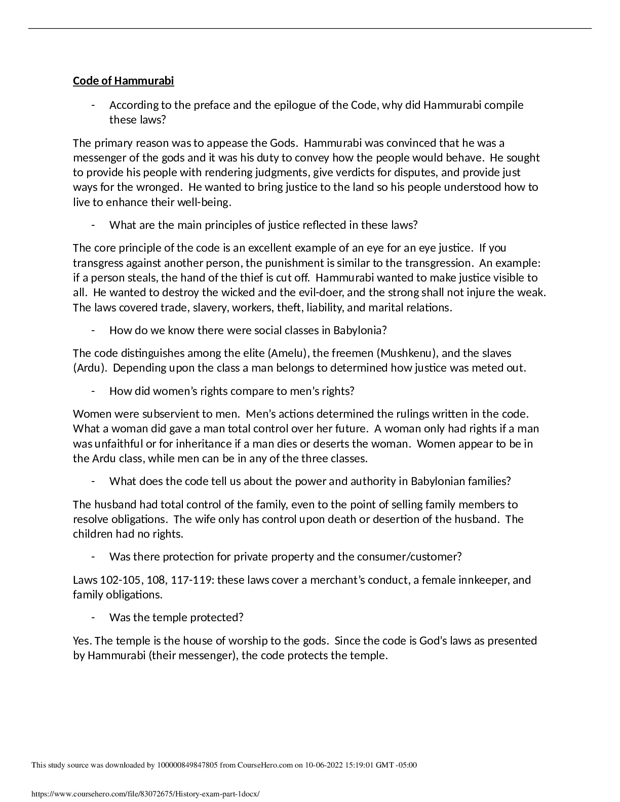 History exam - part 1: Code of Hammurabi - According to the preface and ...