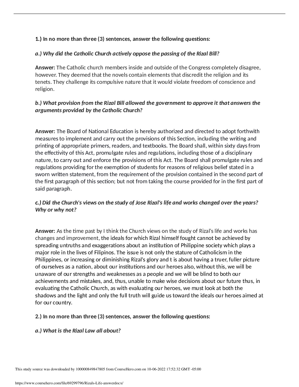 RIZAL 101  1.) In no more than three (3) sentences, answer the following questions: a.) Why did the Catholic Church acti... preview image