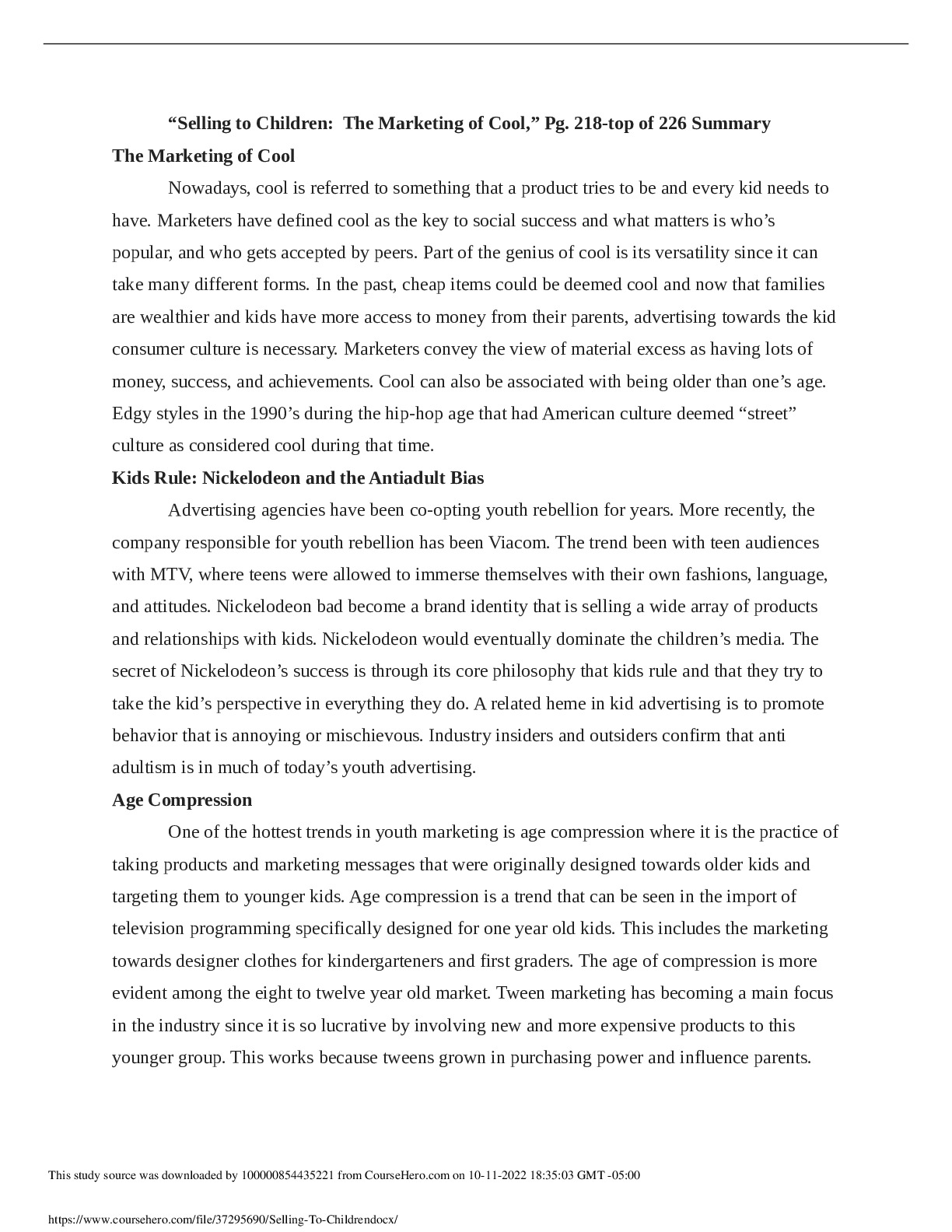 ENGLISH 003  “Selling to Children: The Marketing of Cool,” Pg. 218-top of 226 Summary The Marketing of Cool preview image