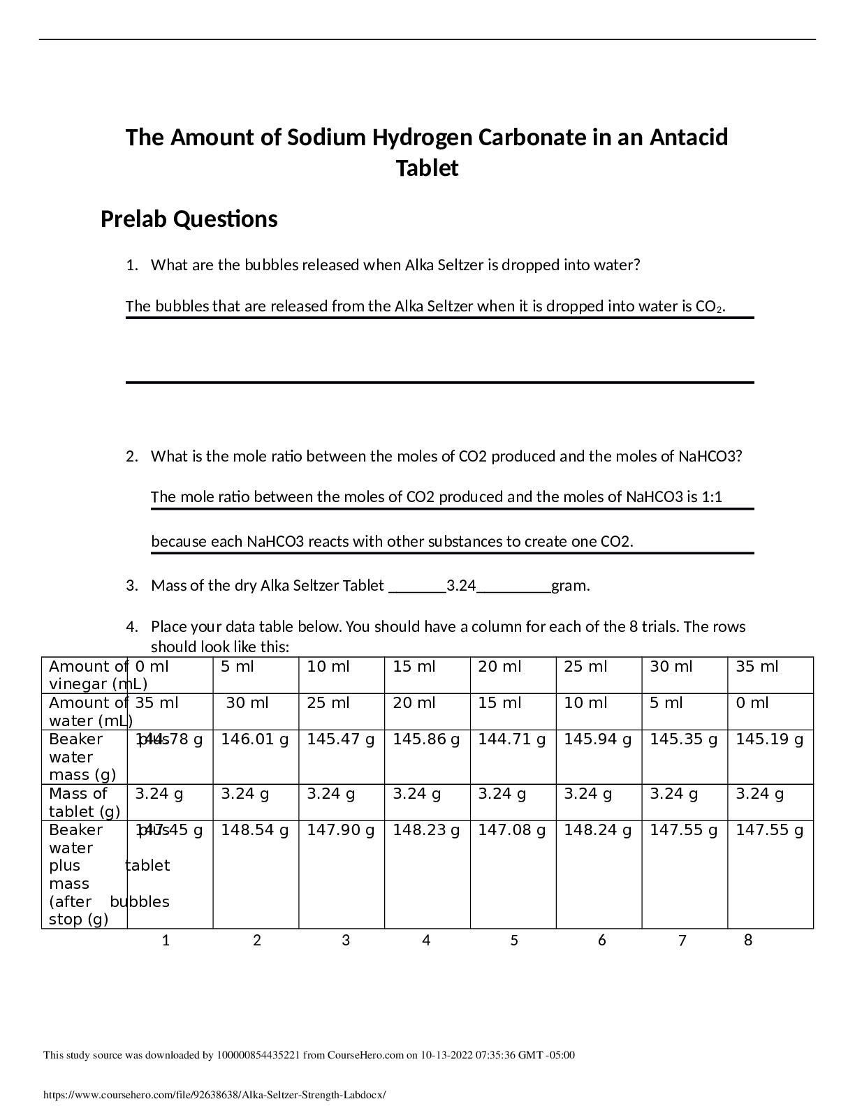 ECON 101 Alka-Seltzer Strength Lab The Amount of Sodium Hydrogen Carbonate in an Antacid Tablet preview image