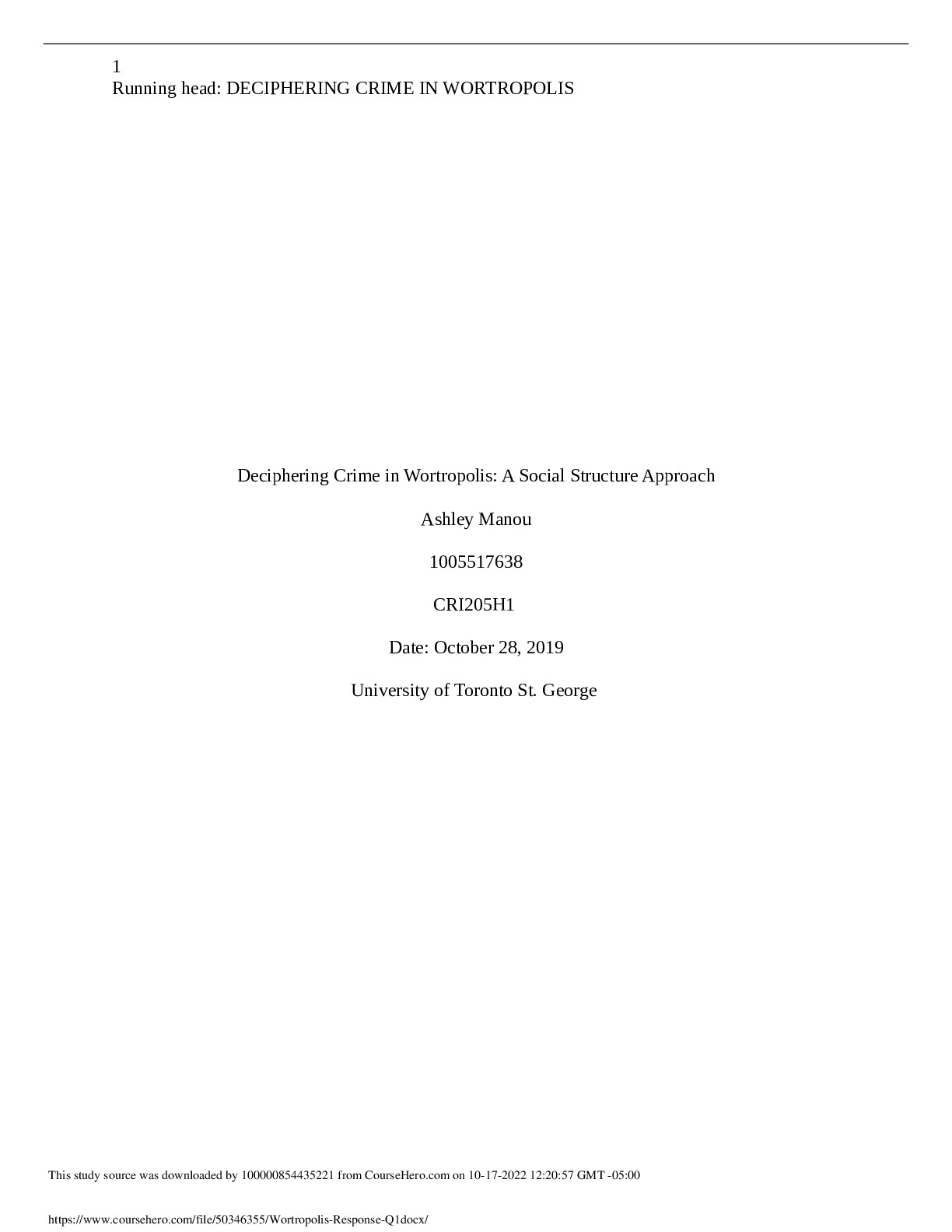Wortropolis Response Q#1. University of Toronto PSY 290 preview image