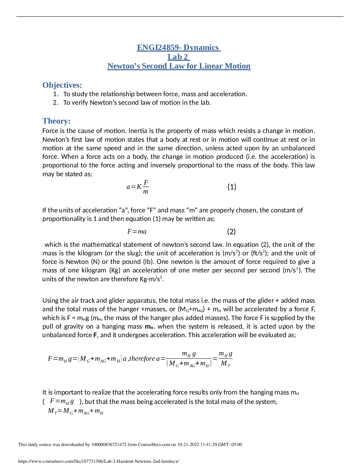 SOCS SOCS25288 Lab 2 Handout - Newton's 2nd law  ENGI24859- Dynamics Lab 2 Newton’s Second Law for Linear Motion preview image