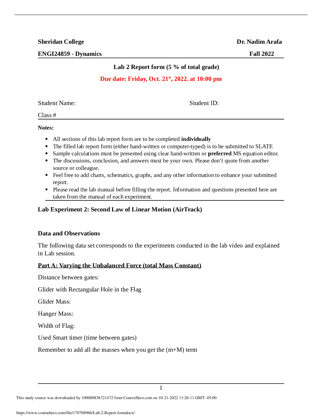 Sheridan College  ENGI 1209 Lab 2 - Report form  ENGI24859 - Dynamics Fall 2022 preview image