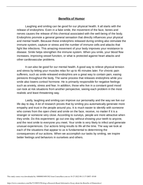 Writing a Research-Based Informative Essay about the Benefits of Humor  National University College ENGLISH 2040 preview image