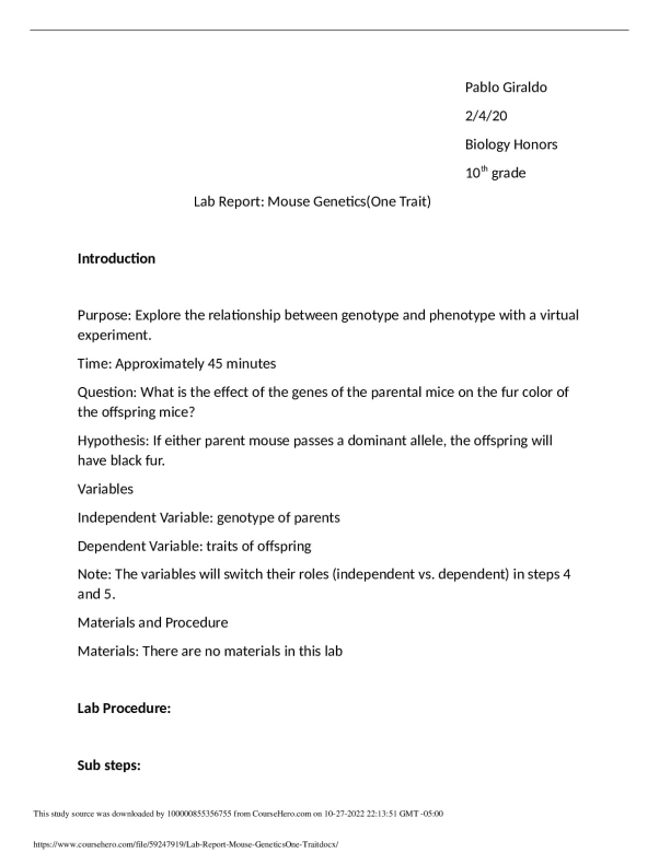 Lab Report Mouse Trait)Ruben S. Ayala High BIOLOGY H N/A