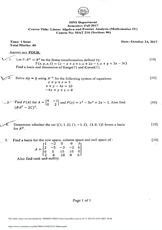MAT216 Midterm BRAC University MAT 216