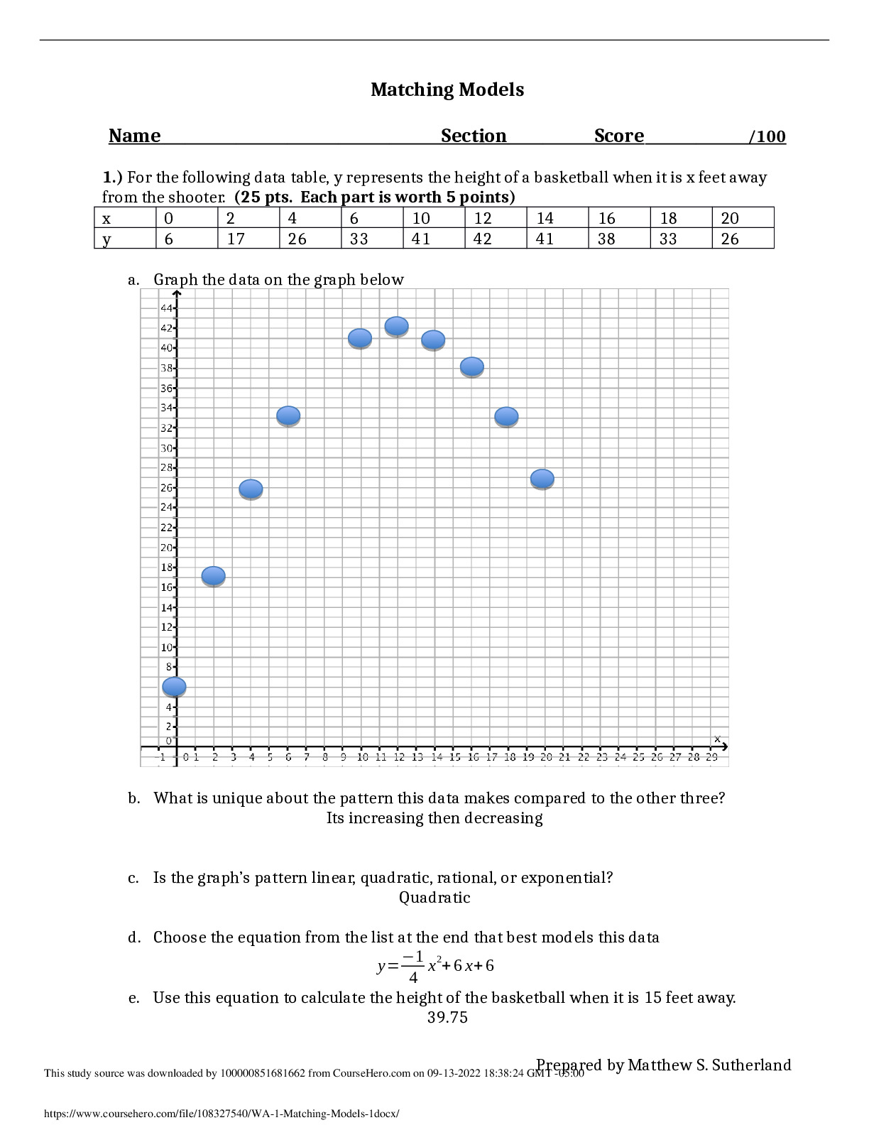WA 1 Matching Models (1) University of Toledo MATH 1200 preview image
