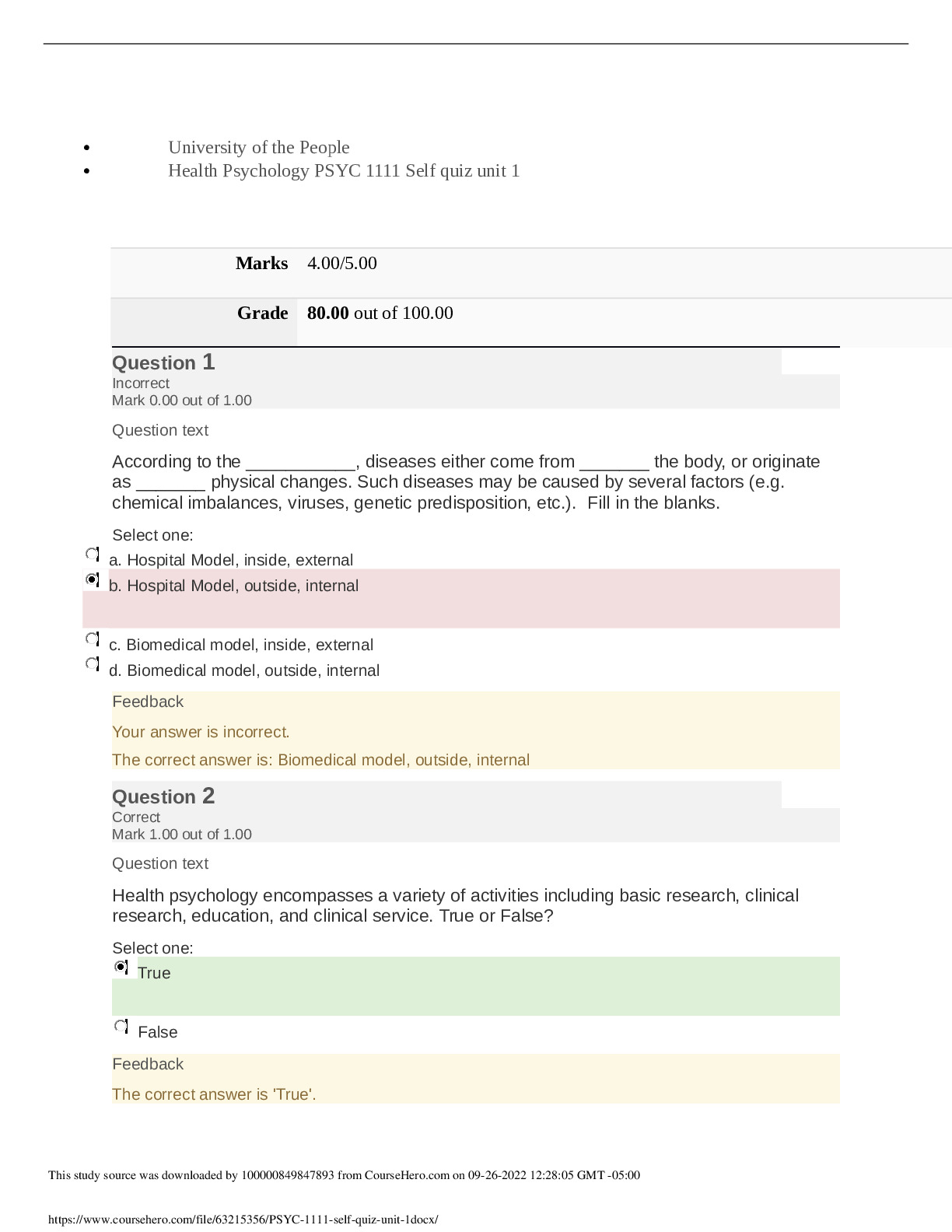 University Of The People PSYCHOLOGY PSYC 1111 Self Quiz Unit 1. Grade ...