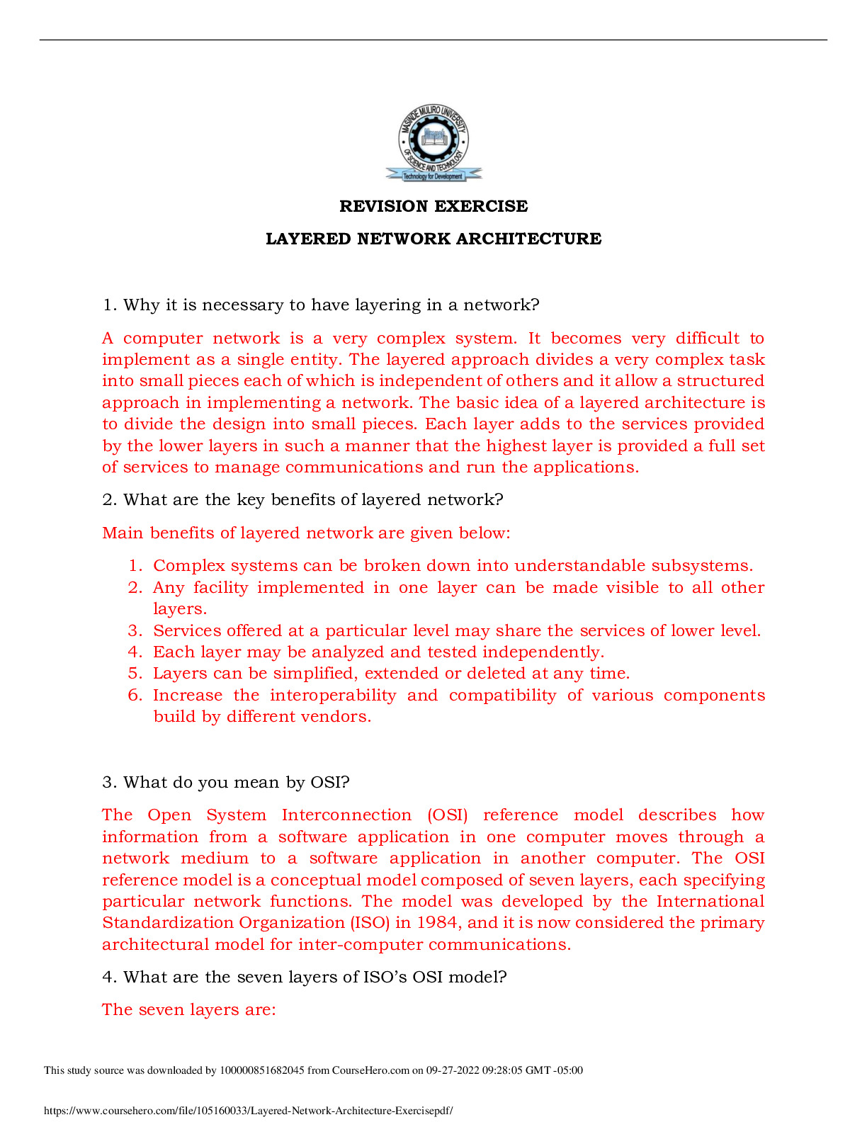 Layered Network Architecture_Exercise. Masinde Muliro University of ...