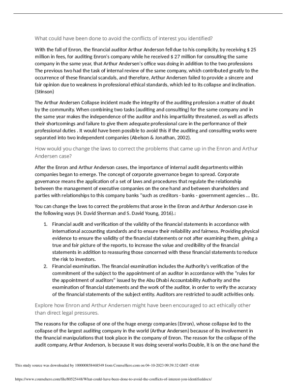BUS 5115 What could have been done to avoid the conflicts of interest you identified. document preview