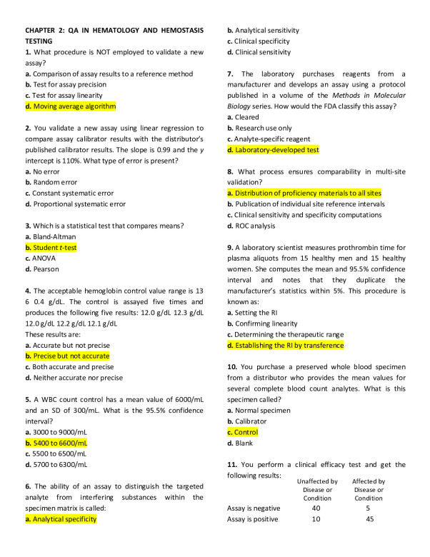 BIO 431 COMPLETE REVIEW QUESTION ON RODAK'S HEMATOLOGY BOOK preview image