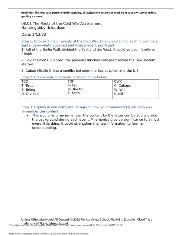 8.01 The Roots of the Cold War. Florida Virtual School WORLD HISTORY 608