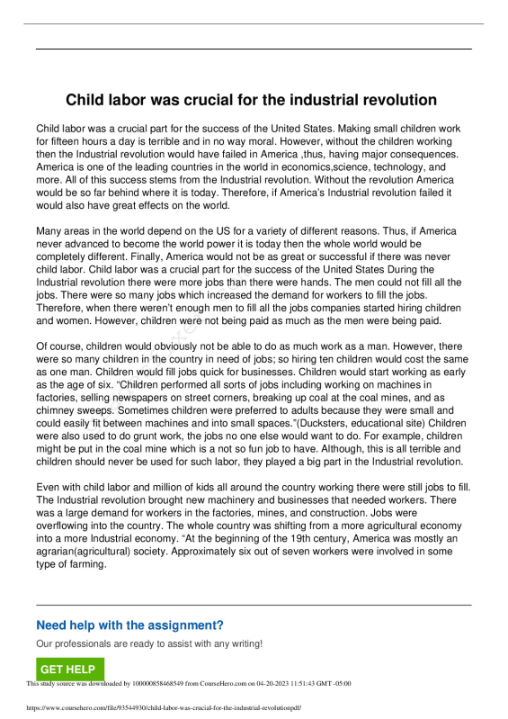HISTORY 222 childlaborwascrucialfortheindustrialrevolution.