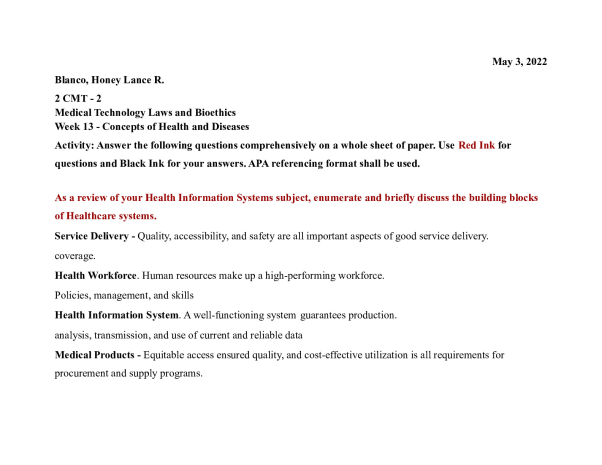 2 CMT - 2Medical Technology Laws and Bioethics Week 13 - Concepts of Health and Diseases document preview